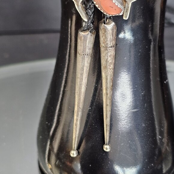 Navajo Turquoise And Coral Sterling Silver Bolo Tie Signed. USA Native American - Picture 6 of 15